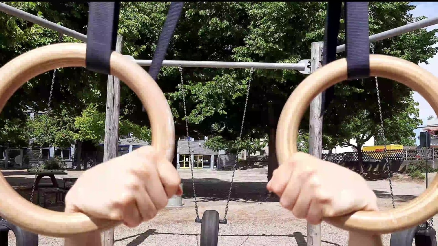 This image shows how to perform the false grip on gymnastic rings.