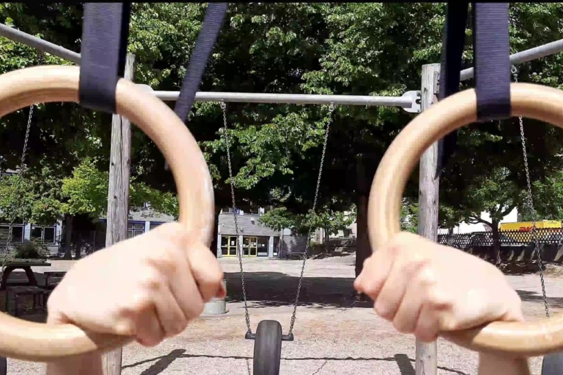 This image shows how to perform the false grip on gymnastic rings.